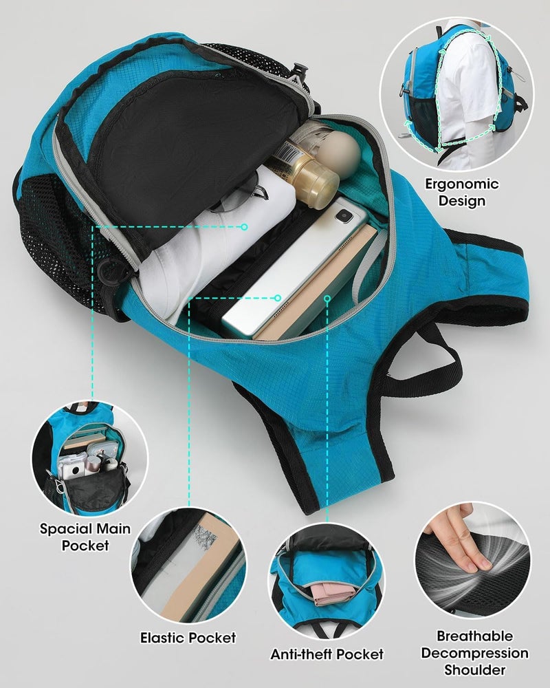 VPBAGE Store Foldable Small Hiking Backpack with 3 Strap Pockets – Lightweight 300D Spill-proof Daypack for Men Women – Packable Small Travel Backpack with Chest Strap & Trekking Pole Holder – Durable Outdoor Bag - Image 3